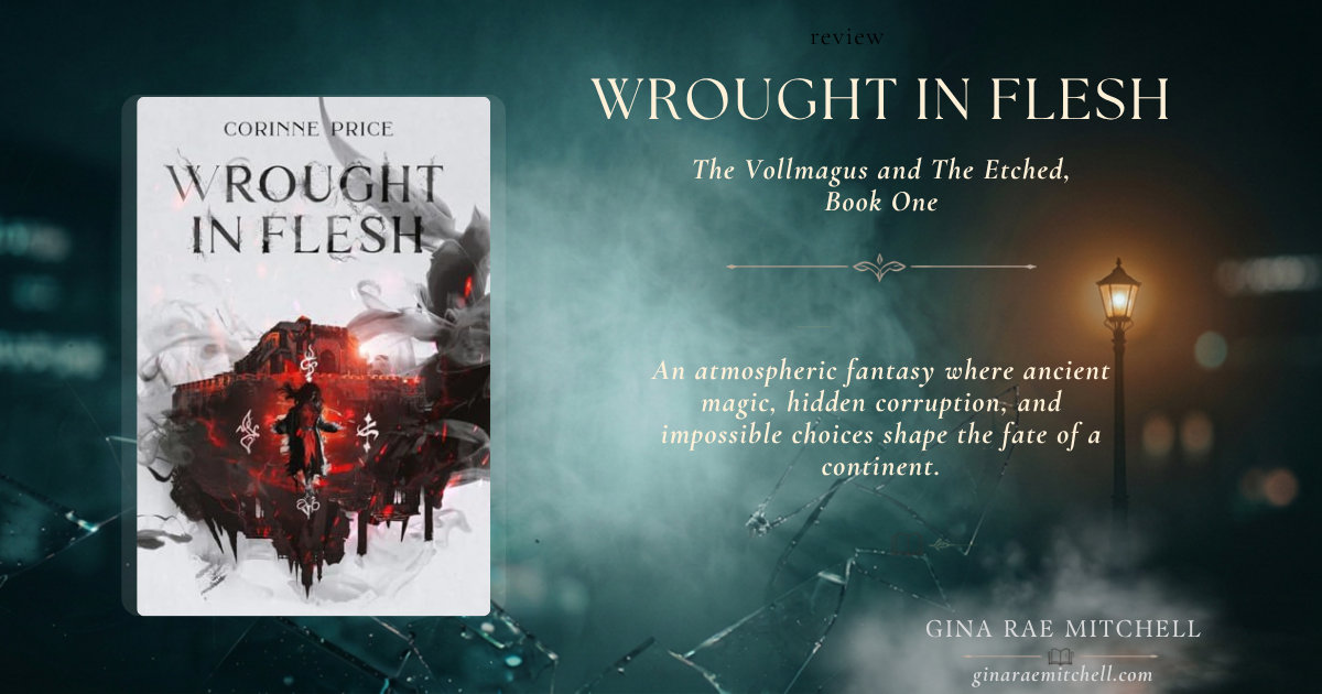 Book review banner for Wrought in Flesh by Corinne Price featuring the book cover against a dark, foggy fantasy background with the review tagline: An atmospheric fantasy where ancient magic, hidden corruption, and impossible choices shape the fate of a continent.