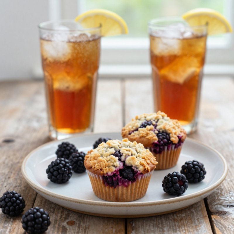 Blackberry muffins on a decorative plate with loose berries and a tall glass of iced tea on a rustic table