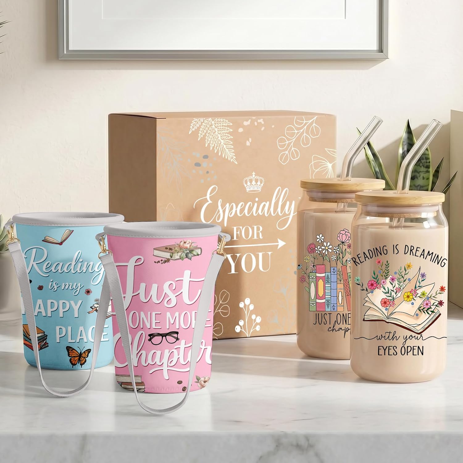 Book Lover Glass Tumbler Gift Set with two glasses, lids, straws, cleaning brushes and isulated carriers.
