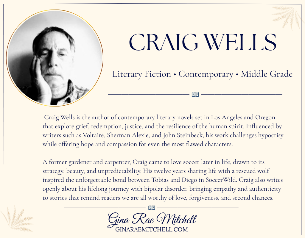 Author profile card featuring Craig Wells with a black-and-white portrait and a biography highlighting his contemporary literary fiction, love of soccer, and the inspiration behind SoccerWild.