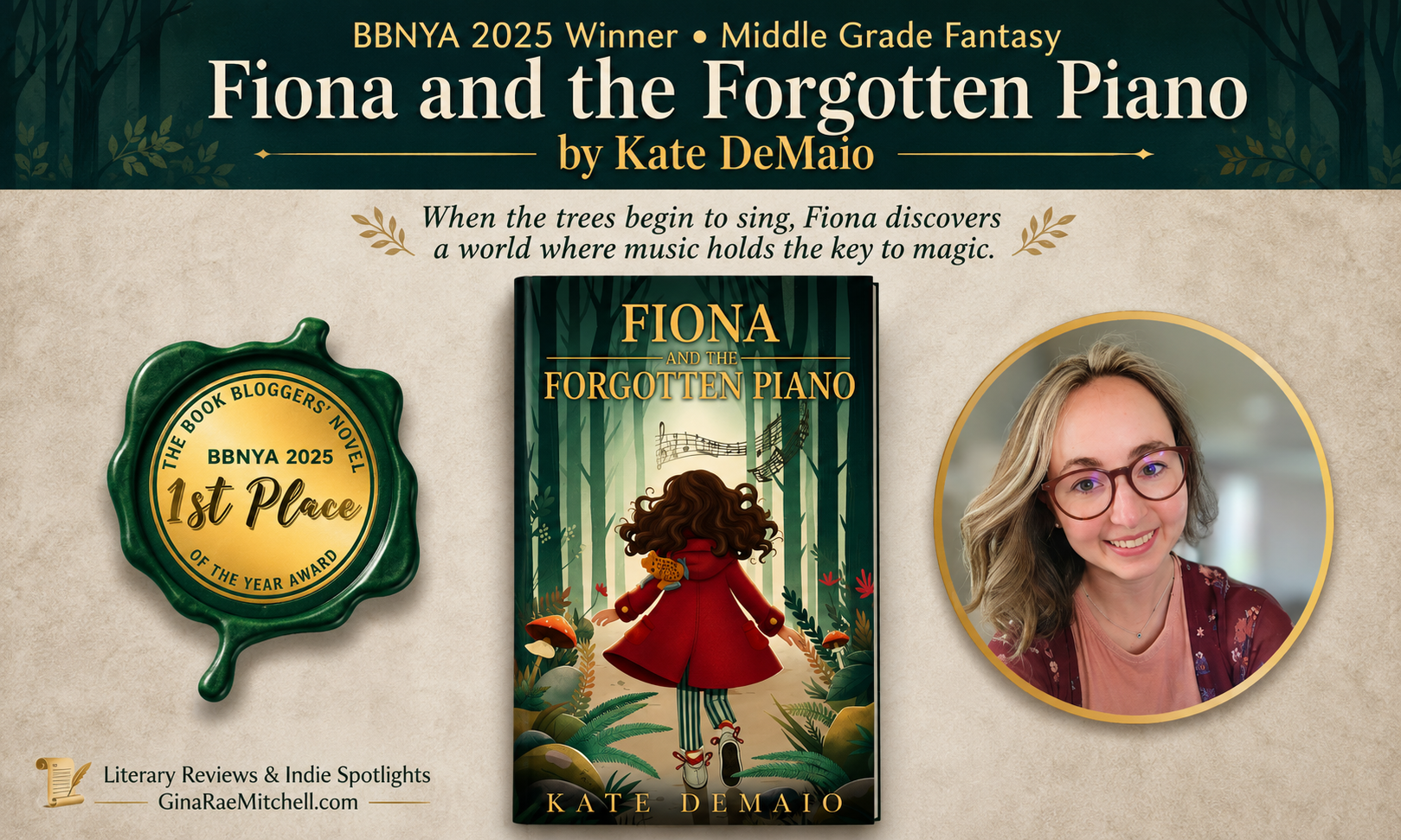 Banner for Fiona and the Forgotten Piano by Kate DeMaio featuring the book cover, author portrait, and BBNYA 2025 Winner badge.