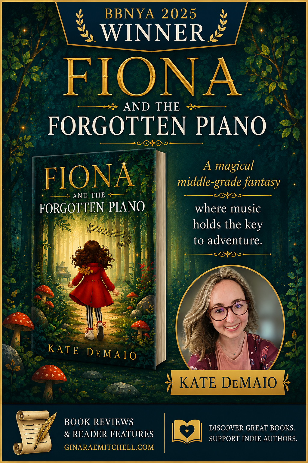 Pinterest graphic for Fiona and the Forgotten Piano by Kate DeMaio featuring the book cover, author portrait, and the tagline, A magical middle-grade fantasy where music holds the key to adventure.