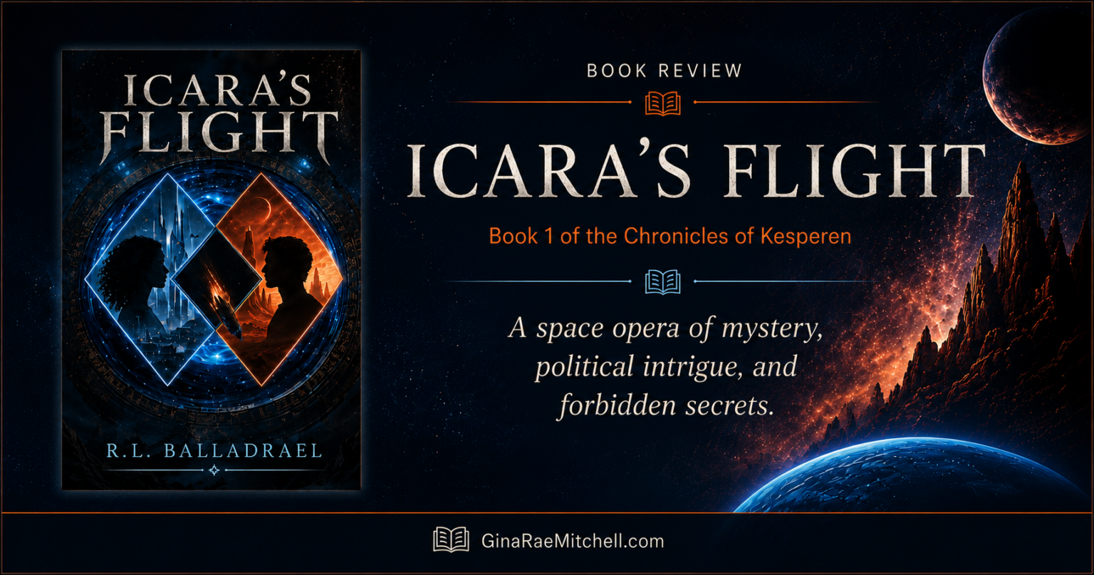 Book review banner for Icara's Flight by R.L. Balladrael featuring the book cover against a dramatic outer space background with planets and the tagline about mystery, political intrigue, and forbidden secrets.