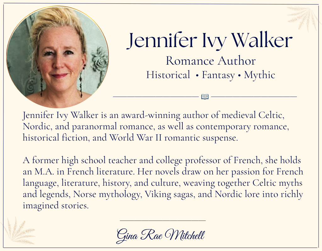 Author card featuring Jennifer Ivy Walker, award-winning romance author of historical, fantasy, and mythic fiction inspired by Celtic and Norse legends.