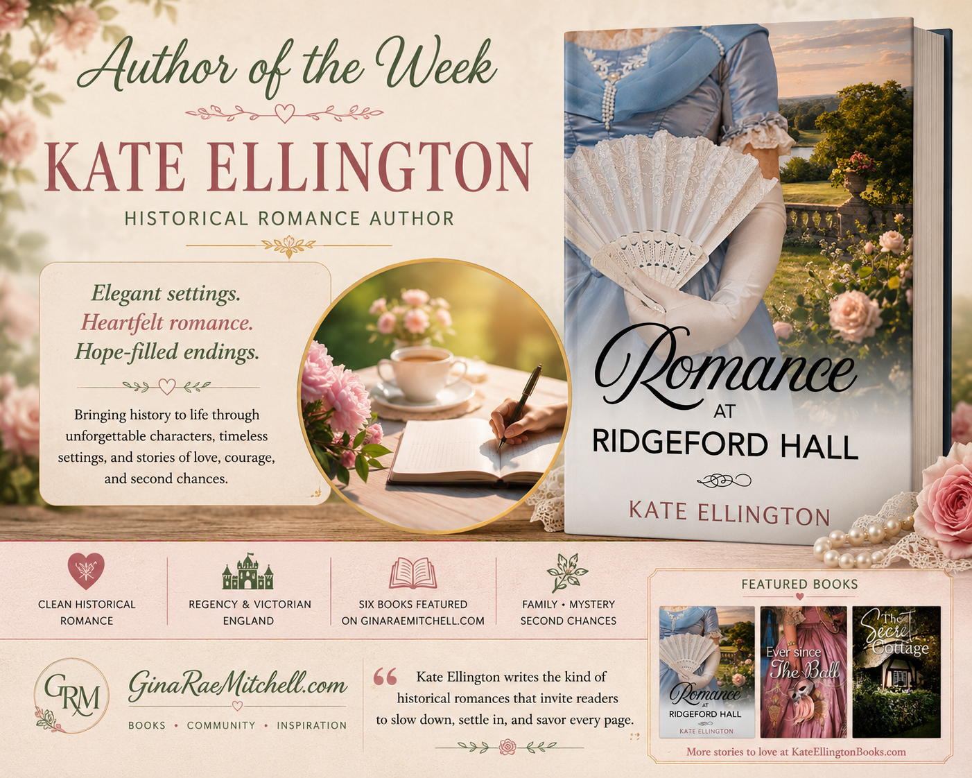 Author of the Week graphic featuring historical romance author Kate Ellington, the novel Romance at Ridgeford Hall, a cozy writing desk vignette, and highlights of her clean historical romance novels set in Regency and Victorian England.