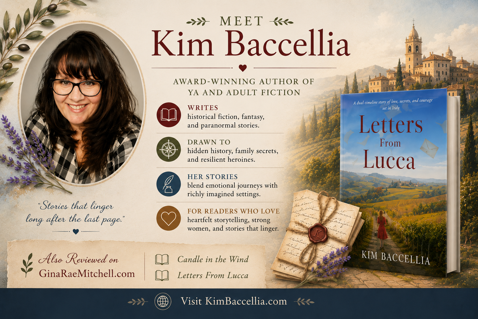 Meet Kim Baccellia author spotlight featuring her portrait, book cover, and highlights of her historical, fantasy, and paranormal fiction.
