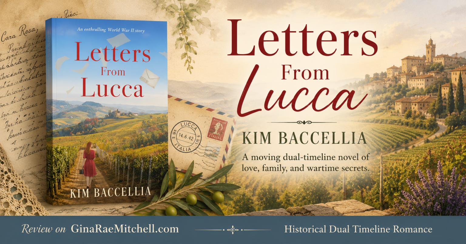 Review banner for Letters From Lucca by Kim Baccellia featuring the book cover, vintage letters, olive branches, and a sunlit Tuscan vineyard.