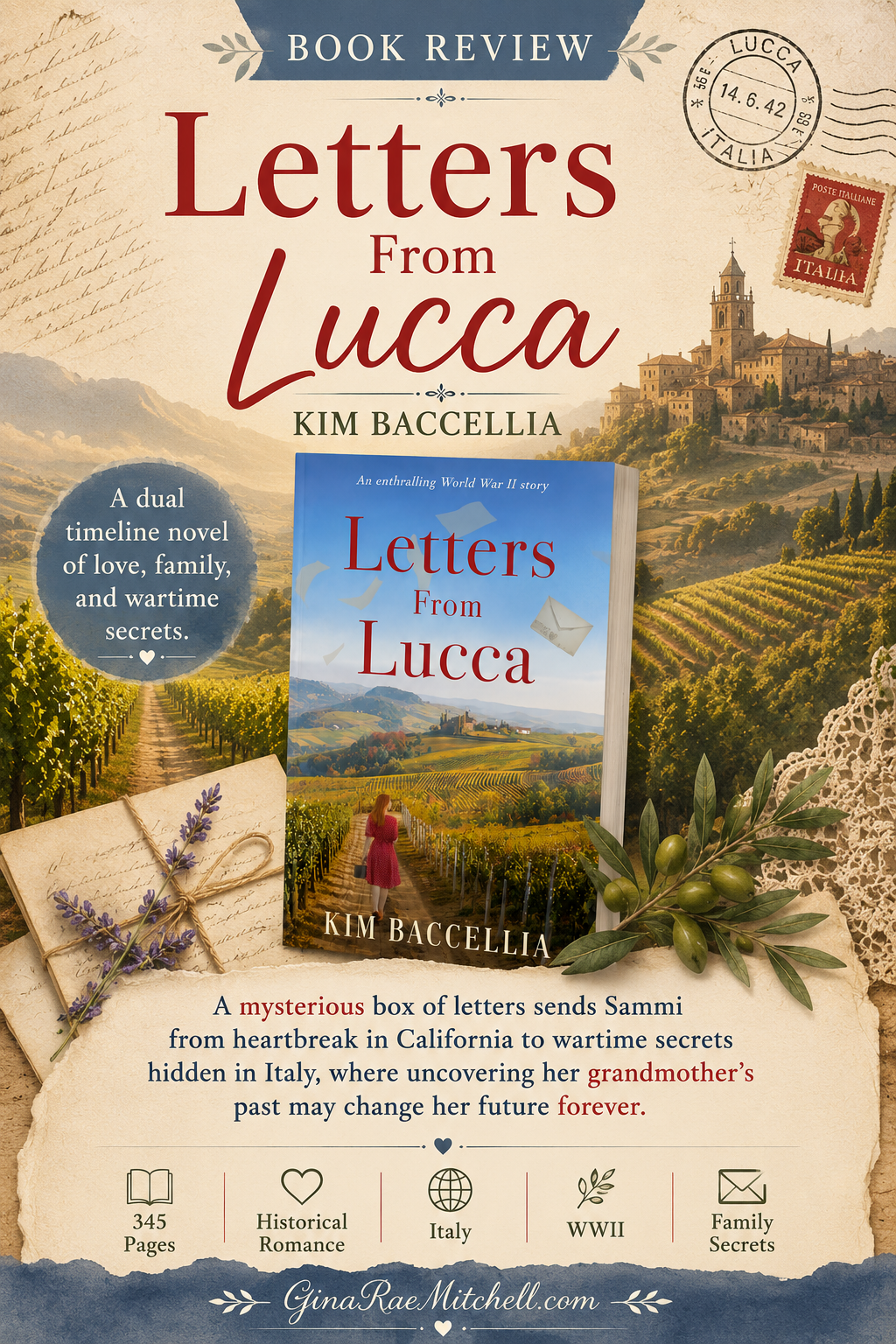 Vertical book review graphic for Letters From Lucca by Kim Baccellia featuring the Tuscan countryside, book cover, and review summary.