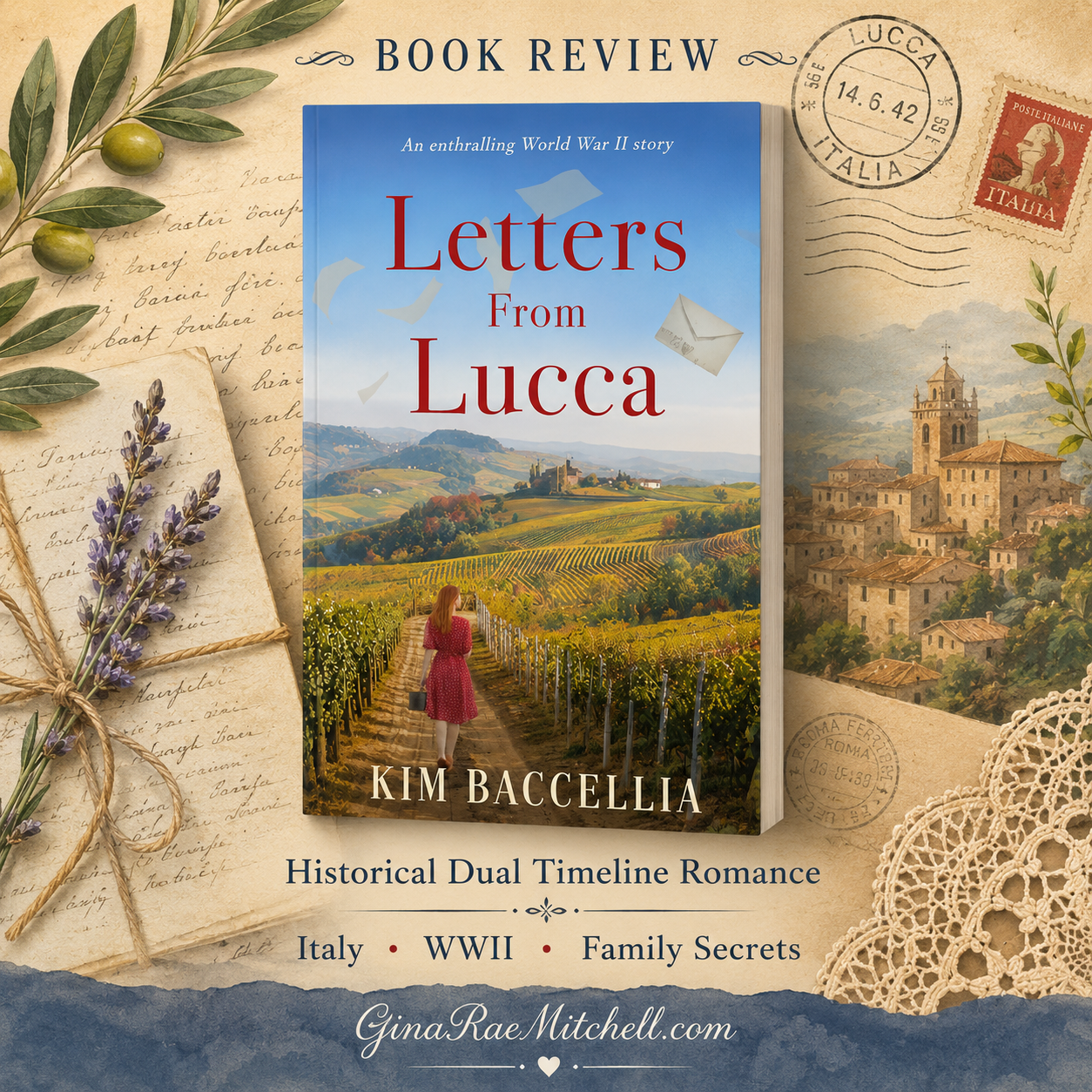 Editorial review graphic for Letters From Lucca by Kim Baccellia featuring the book cover surrounded by vintage Italian-inspired artwork.