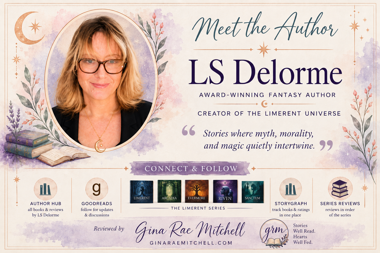 Author profile featuring fantasy author LS Delorme with Limerent series artwork and links to author resources and reviews.