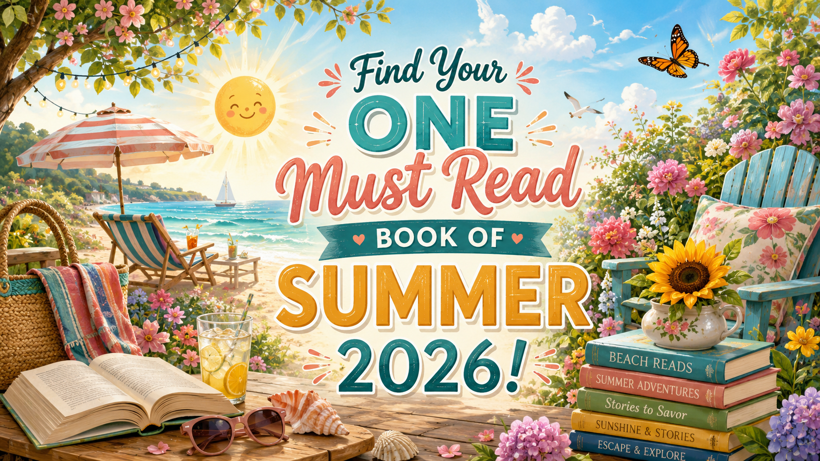 Illustrated summer reading graphic featuring a sunny beach, colorful flower garden, books, and the headline Find Your One Must Read Book of Summer 2026! promoting a collaborative summer reading recommendation list.