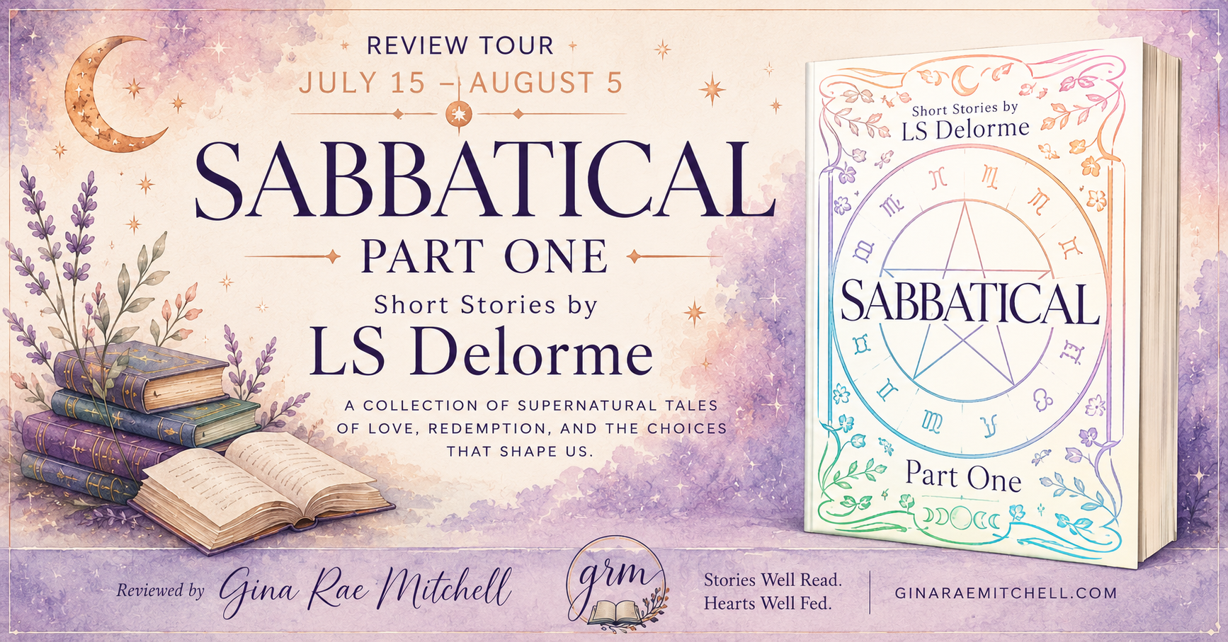Book review of Sabbatical: Part One by LS Delorme featuring the colorful book cover with soft watercolor artwork, celestial accents, and fantasy-inspired design.