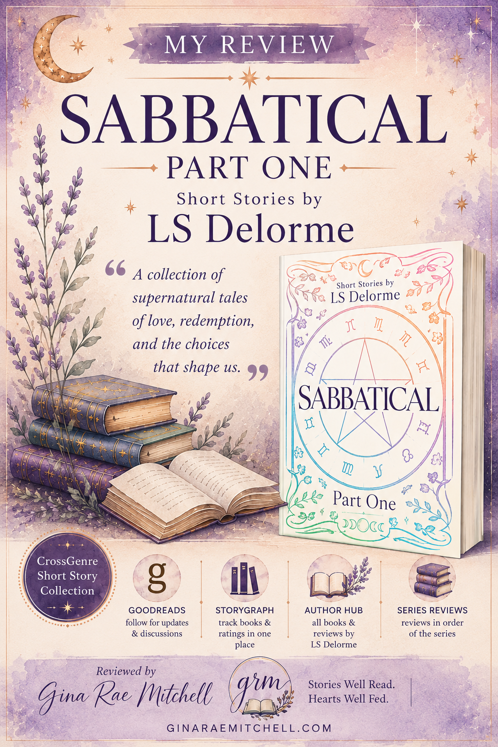 Pinterest graphic for Sabbatical: Part One by LS Delorme showing the book cover with watercolor books, lavender accents, and review information.