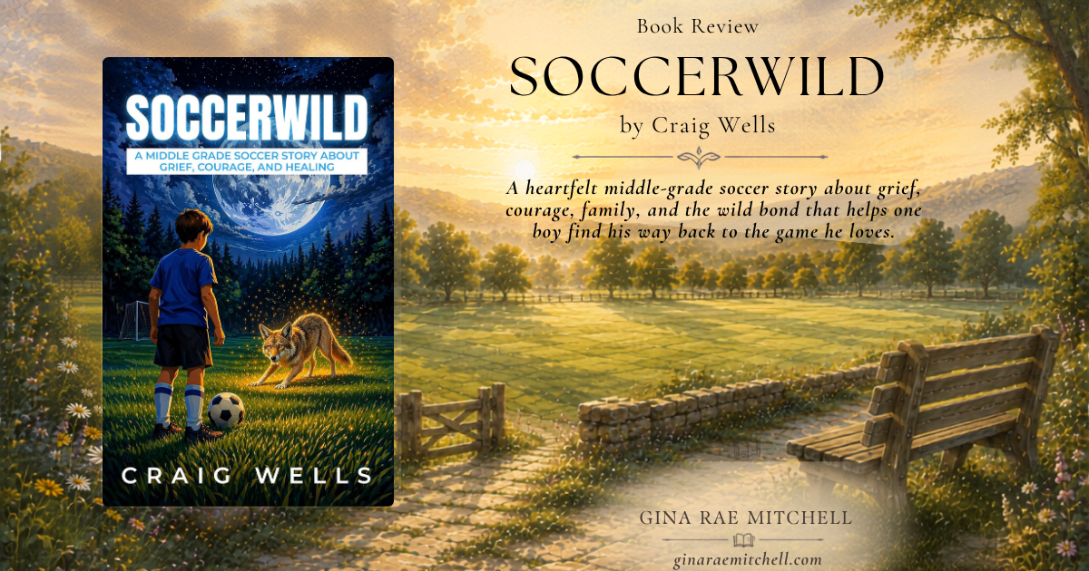 Book review banner for SoccerWild by Craig Wells featuring the book cover against a warm countryside landscape with the review tagline.
