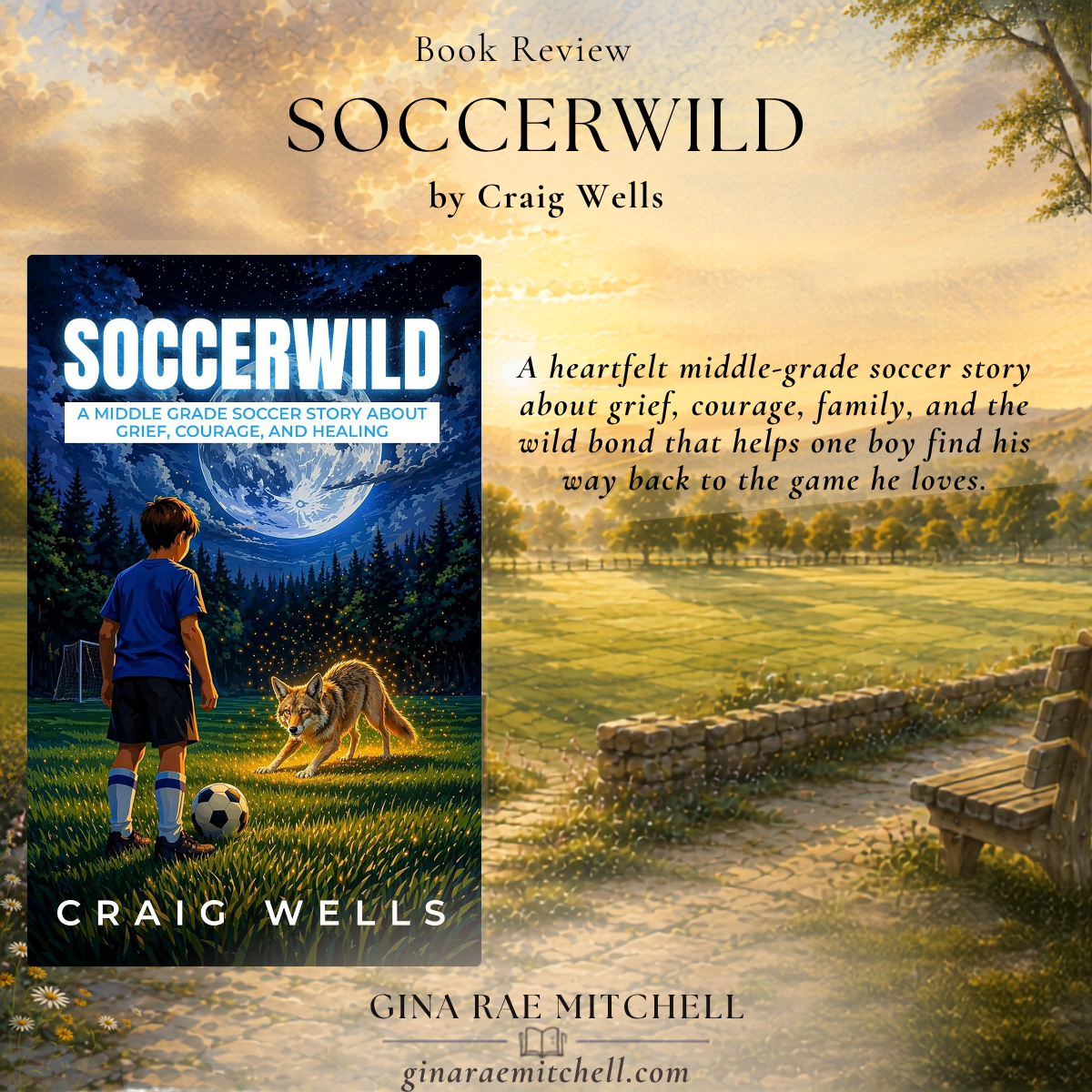 Soccerwild by Craig Wells | A Moving Middle-Grade Novel About Grief, Healing, and Finding Hope in the Wild 3 Square book review graphic for SoccerWild by Craig Wells featuring the book cover beside the review tagline on a peaceful countryside background.