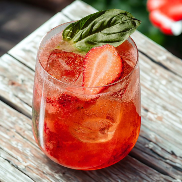 Strawberry Basil Lemonade in a frosty glass on a rustic table