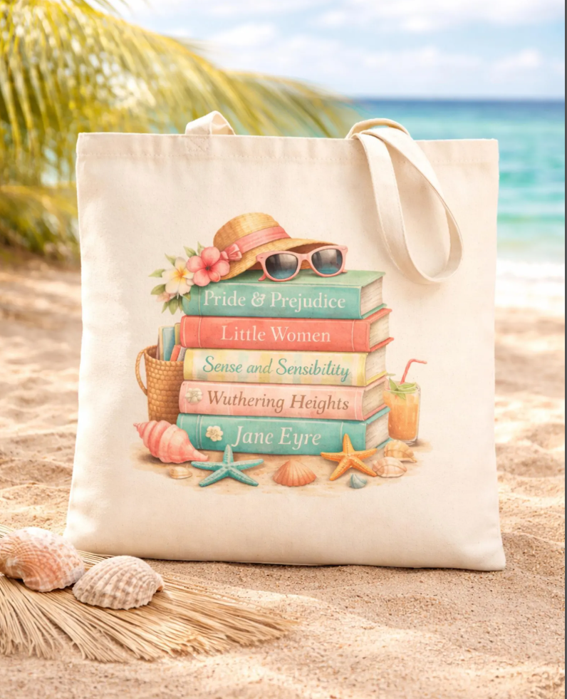 Canvas summer reading tote bag featuring a stack of classic novels, beach hat, sunglasses, seashells, and tropical accents on a sunny beach.