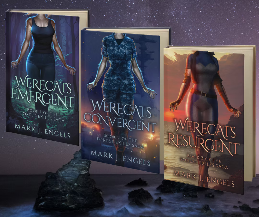 Three hardcover editions of the complete Forest Exiles Saga by Mark J. Engels-Werecats Emergent, Werecats Convergent, and Werecats Resurgent-displayed together against a starry night background.