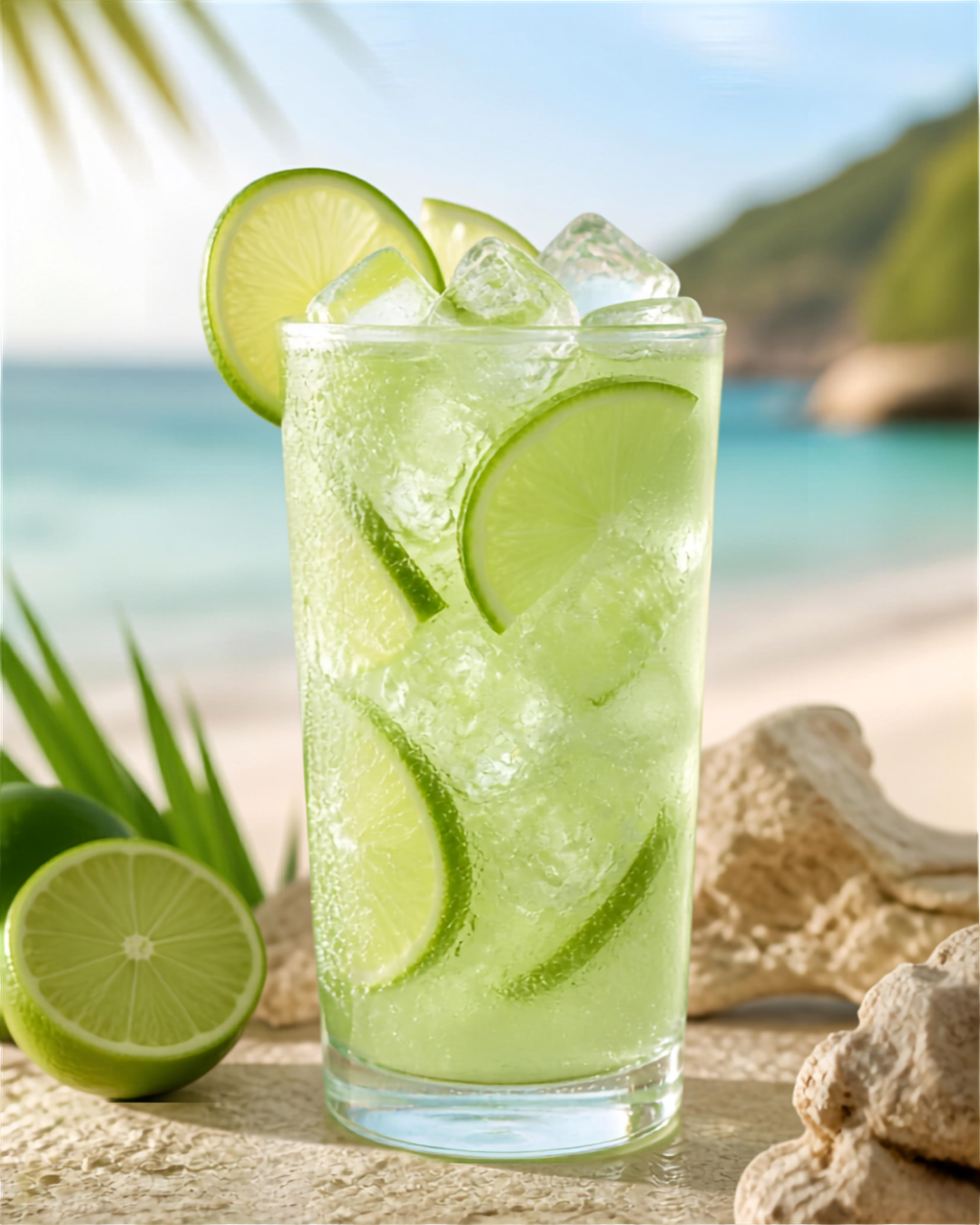 Sparkling Key Lime Cooler with fresh lime slices and ice by the beach
