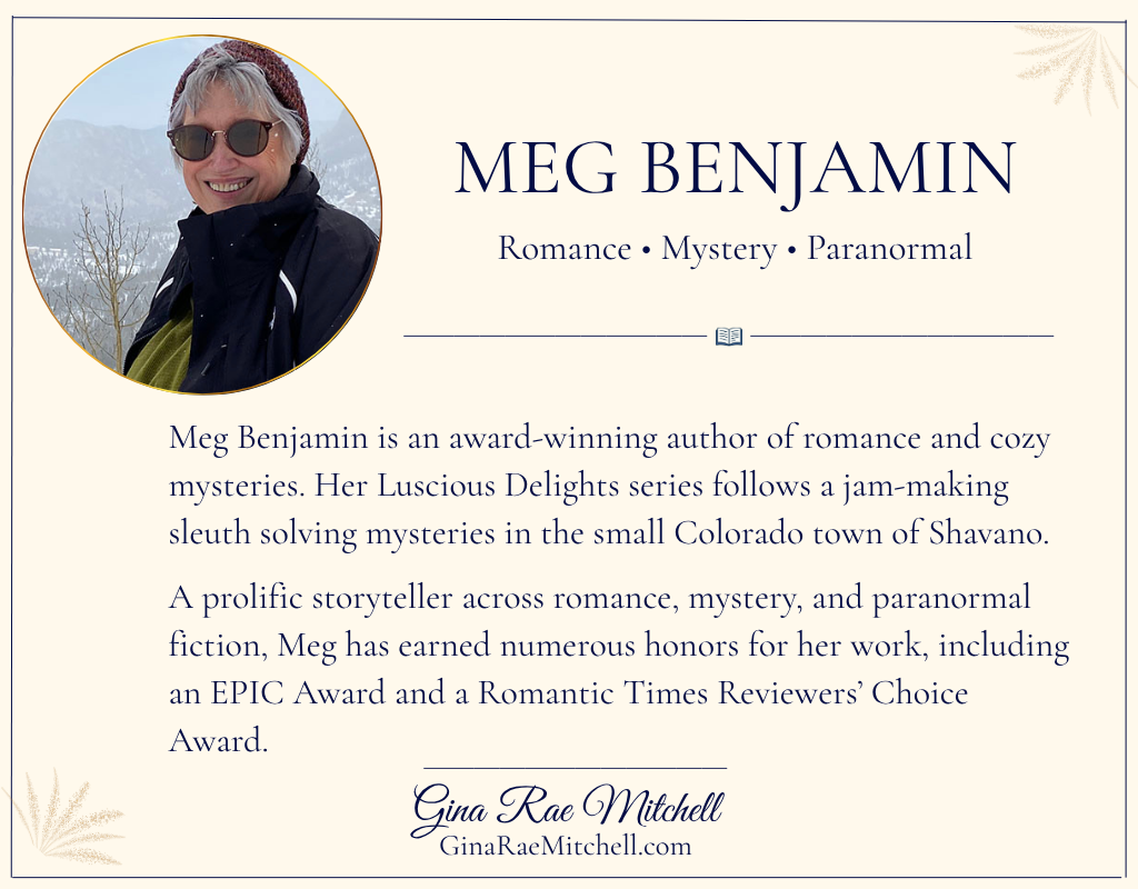 The Carrot Marmalade Murder by Meg Benjamin 2 Author Meg Benjamin with a short biography highlighting her romance, mystery, and paranormal fiction