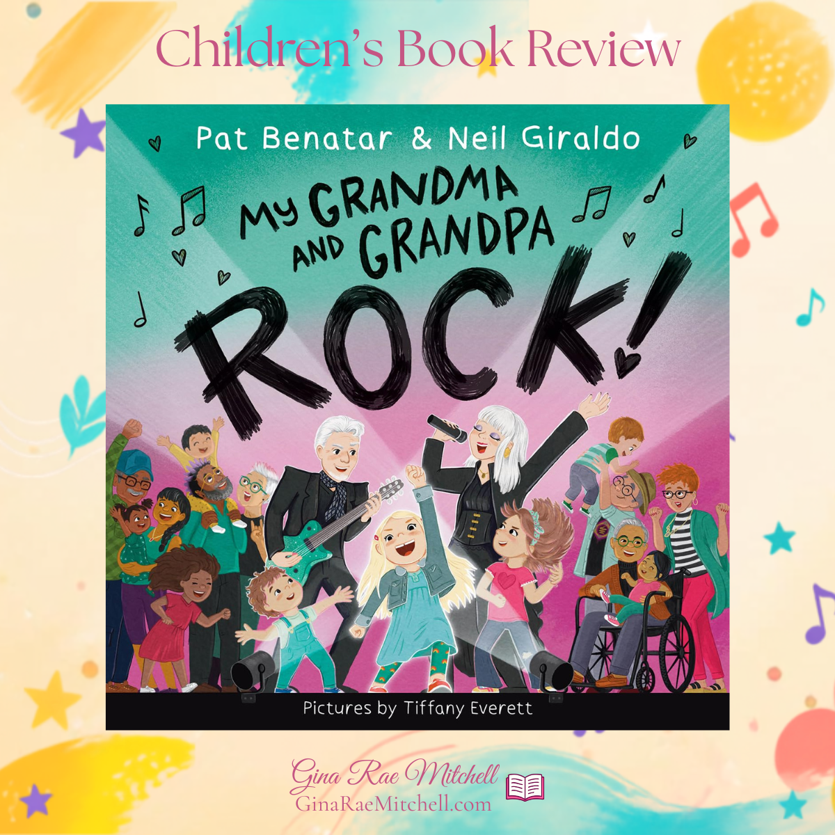 My Grandma and Grandpa Rock book cover surrounded by colorful shapes, stars, and musical notes