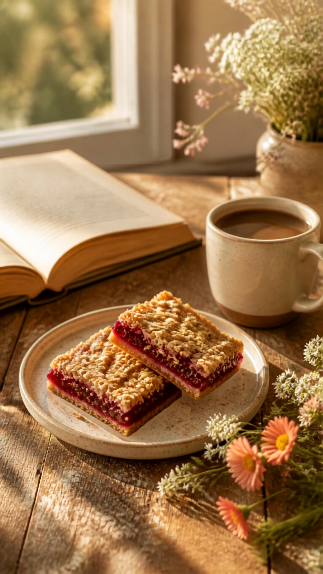 Raspberry jam crumble bars with coffee and an open book in warm afternoon sunlight