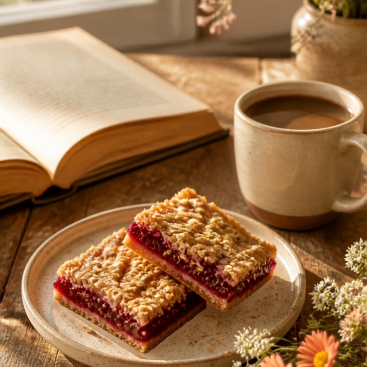 Two raspberry jam crumble bars on a plate beside an open book and a cup of coffee