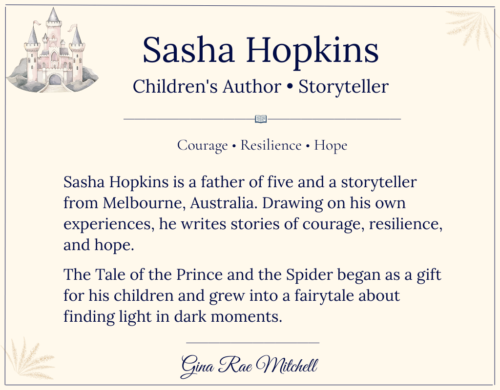 Children's author and storyteller Sasha Hopkins author card with bio