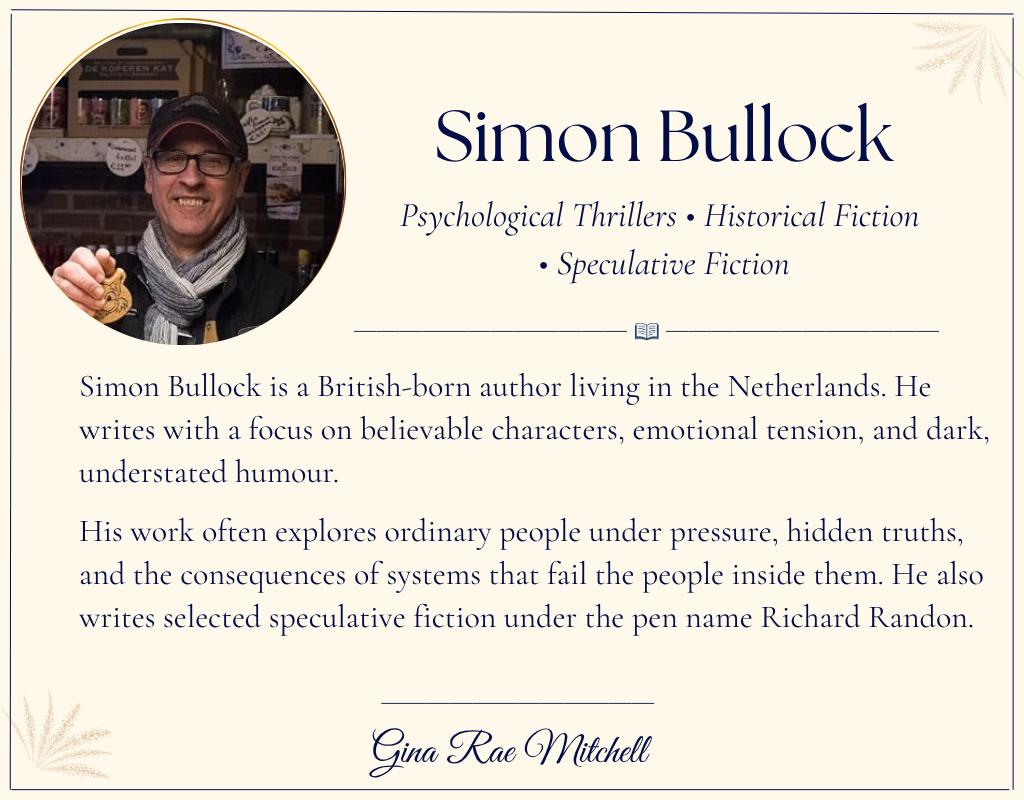 Author card for Simon Bullock with his photo and information about his fiction