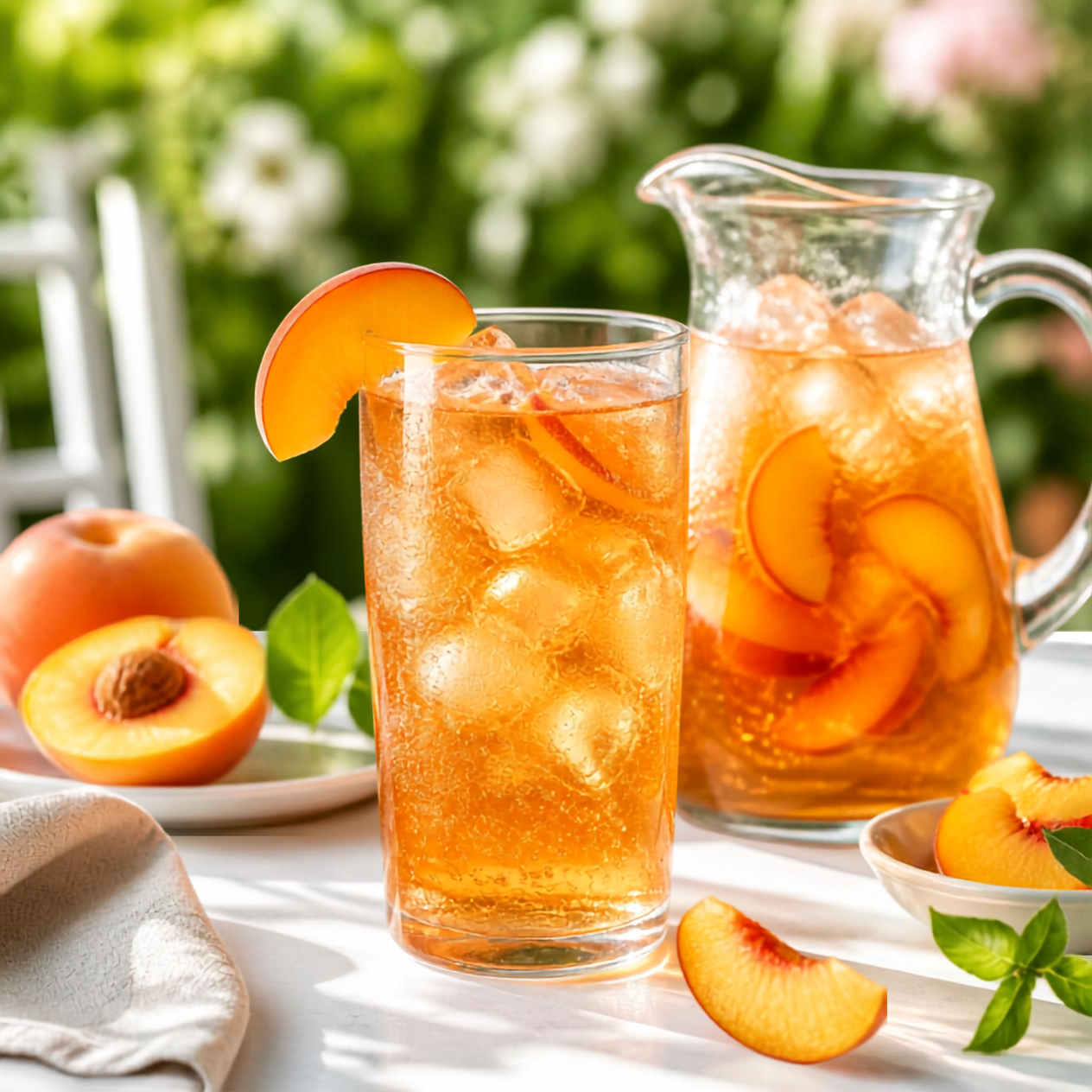 Sparkling peach iced tea with fresh peaches and a pitcher of peach tea