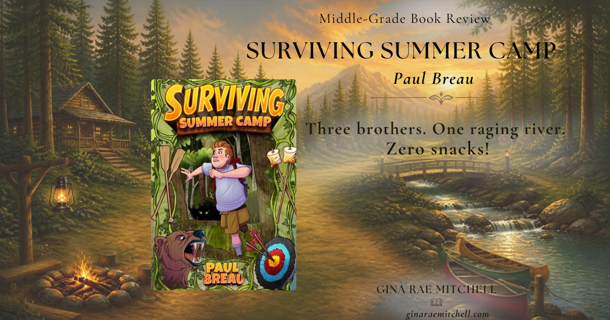 Surviving Summer Camp by Paul Breau middle-grade book review featuring a summer camp scene with forest, river, bridge, and canoes