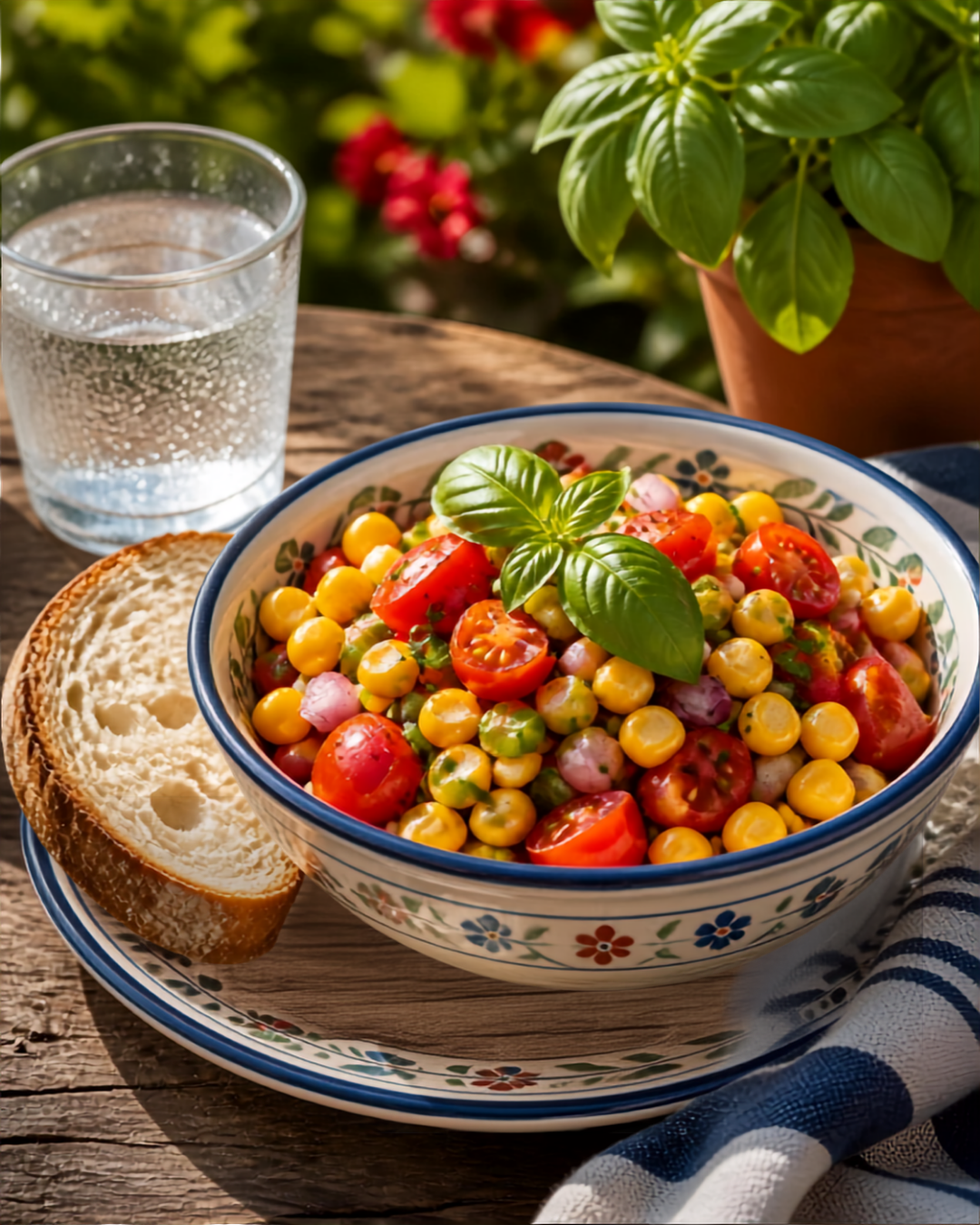 Fresh corn and cherry tomato salad with red onion and basil served with homemade bread and a cold drink on a sunny summer table.