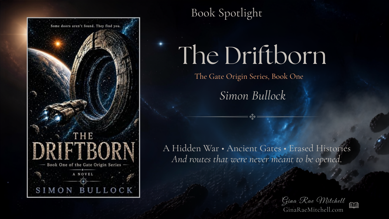 Book spotlight banner for The Driftborn by Simon Bullock with the book cover against a dark blue space background