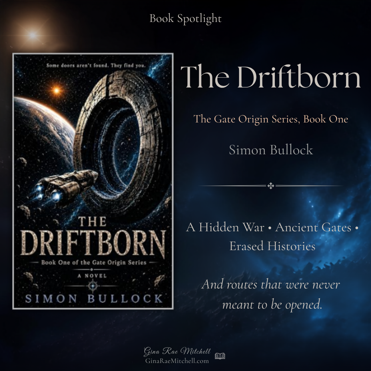 The Driftborn by Simon Bullock book spotlight graphic with cover and space-themed background