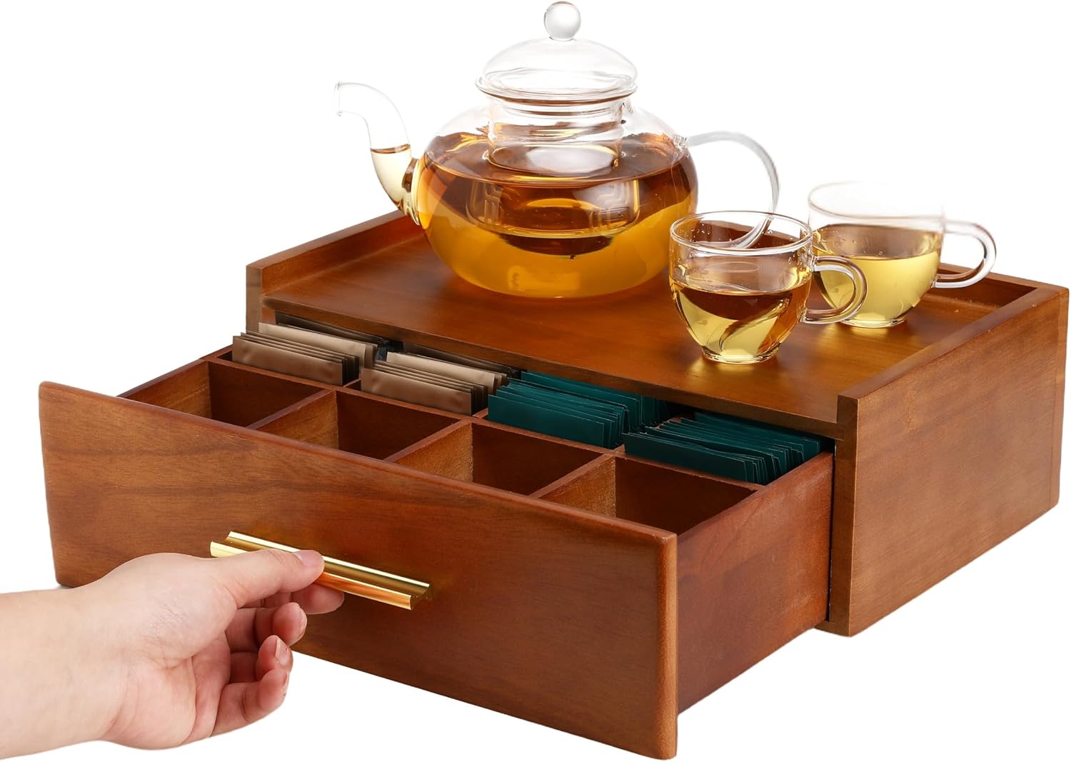Gina's Friday Finds β August 21, 2026 7 Wooden tea bag organizer with an open divided drawer, teapot, and cups of tea