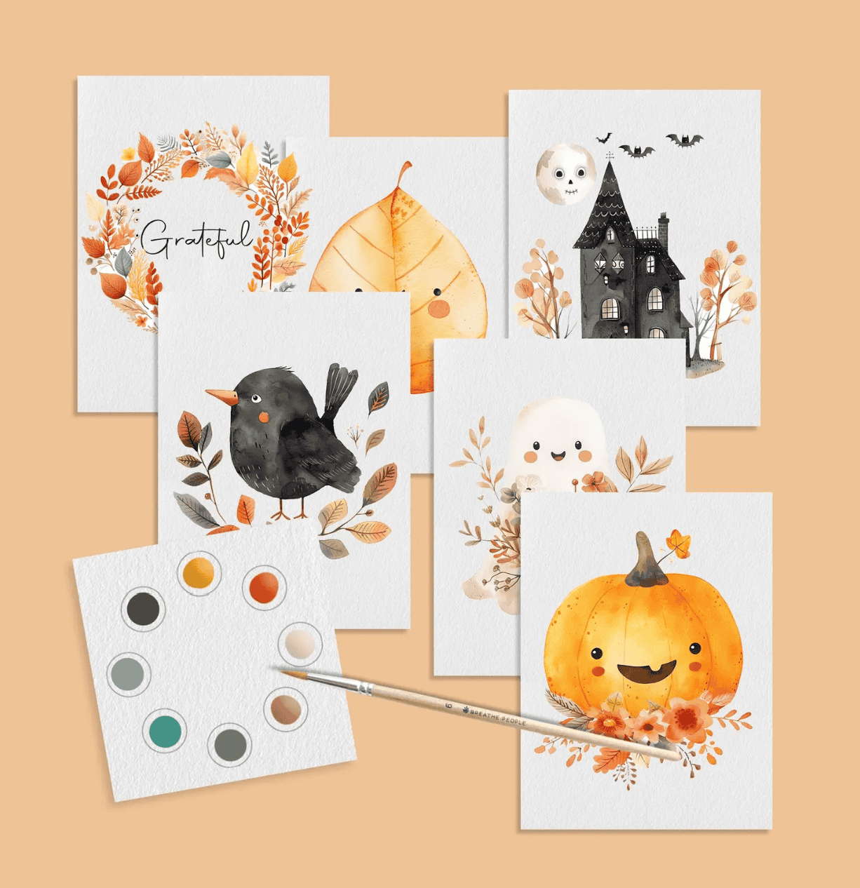 A DIY Fall Watercolor Postcards painting set featuring Thanksgiving + Halloween images