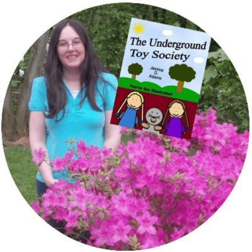 “Author Jessica D. Adams standing outdoors beside bright pink azaleas, smiling while holding a copy of her book The Underground Toy Society.”