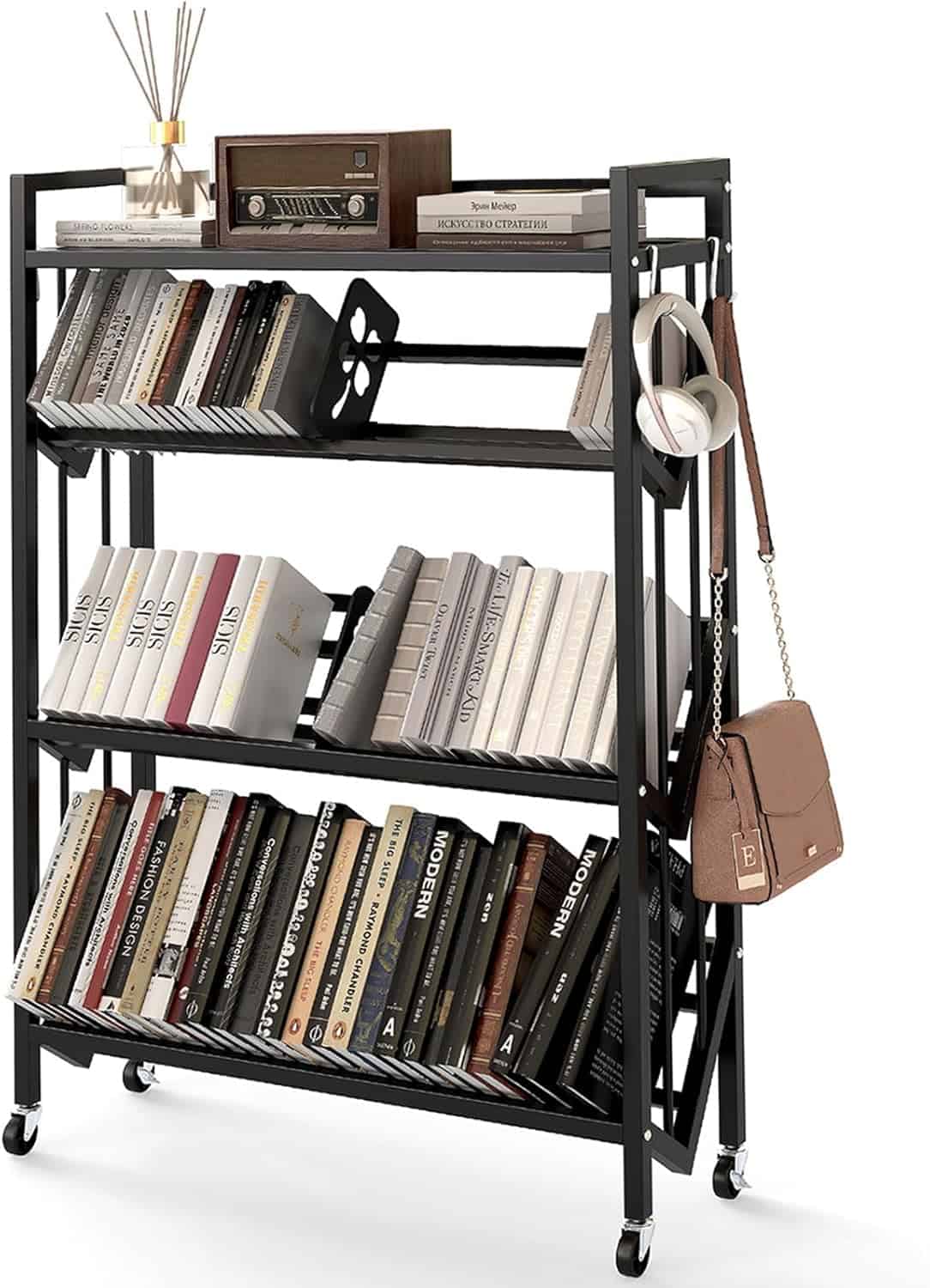 “Rolling library cart for books – black three-tier metal storage cart, perfect for TBR stacks and organizing.”