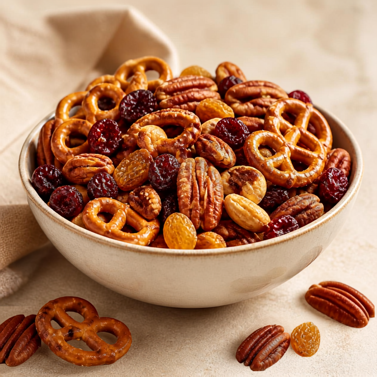 A maple-pecan trail/snack mix with pretzels and dried fruit