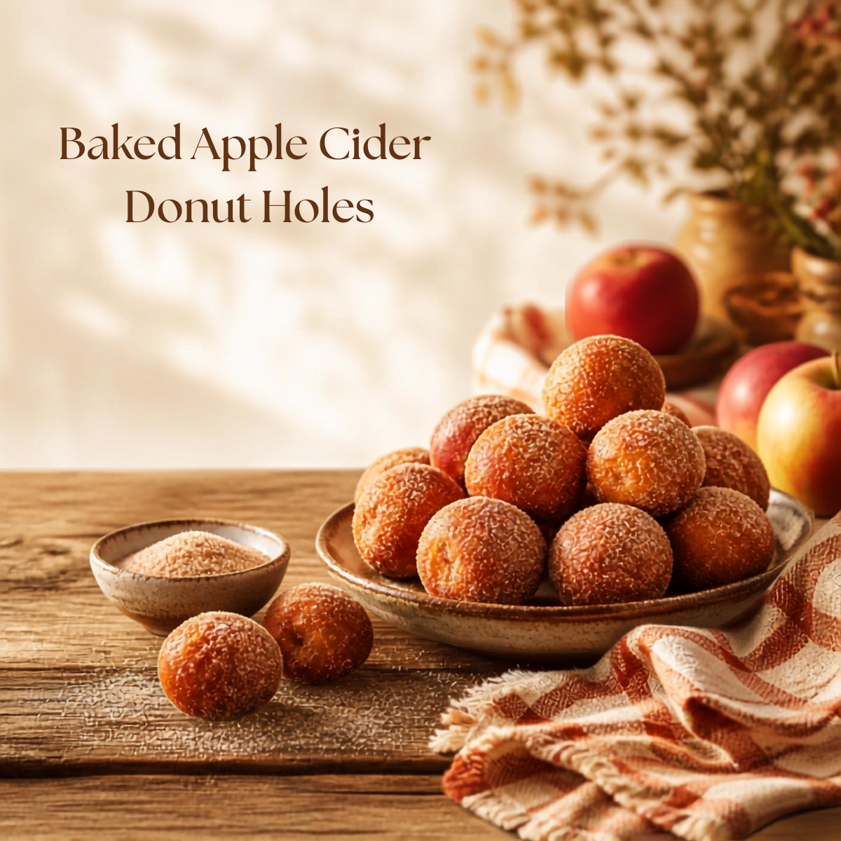 Baked apple cider donut holes coated in cinnamon sugar on a rustic table with apples