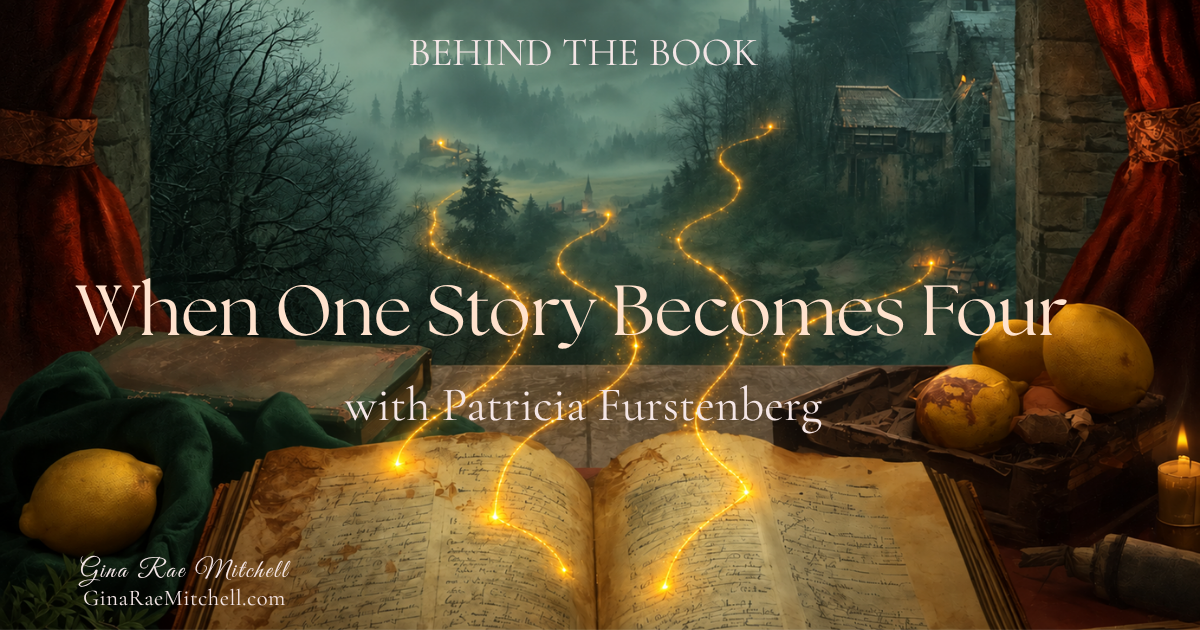 Open manuscript with four golden paths leading into a misty medieval Transylvanian landscape