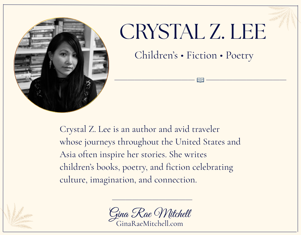 Author card featuring Crystal Z. Lee with a brief biography highlighting her children's books, poetry, fiction, and travels