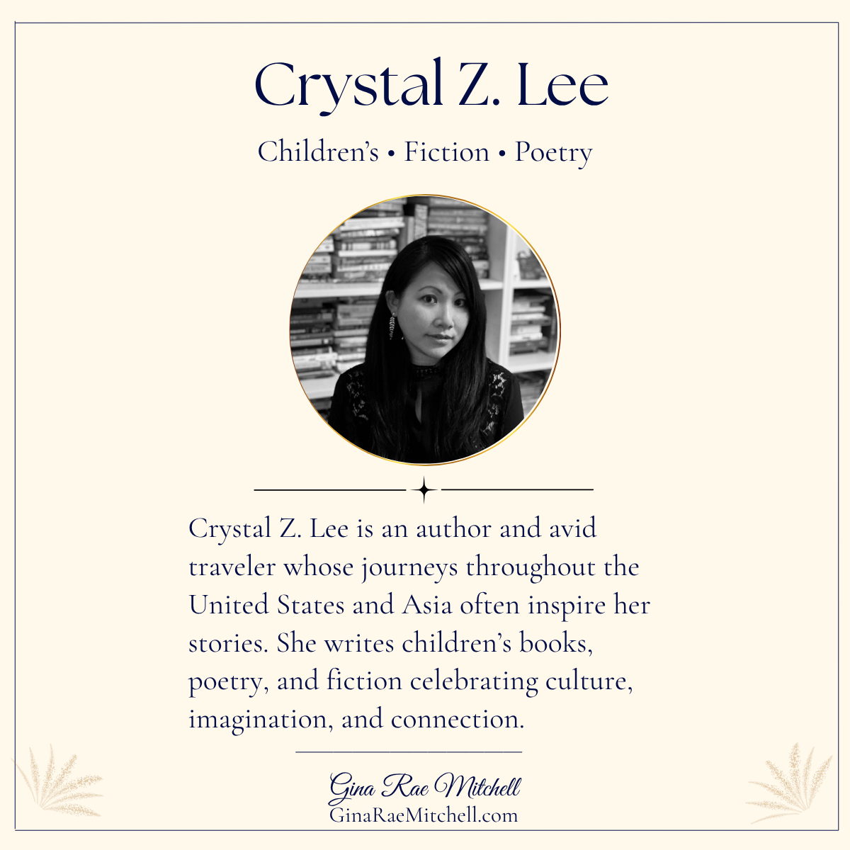 Square author card featuring Crystal Z. Lee with a biography and black-and-white author photograph