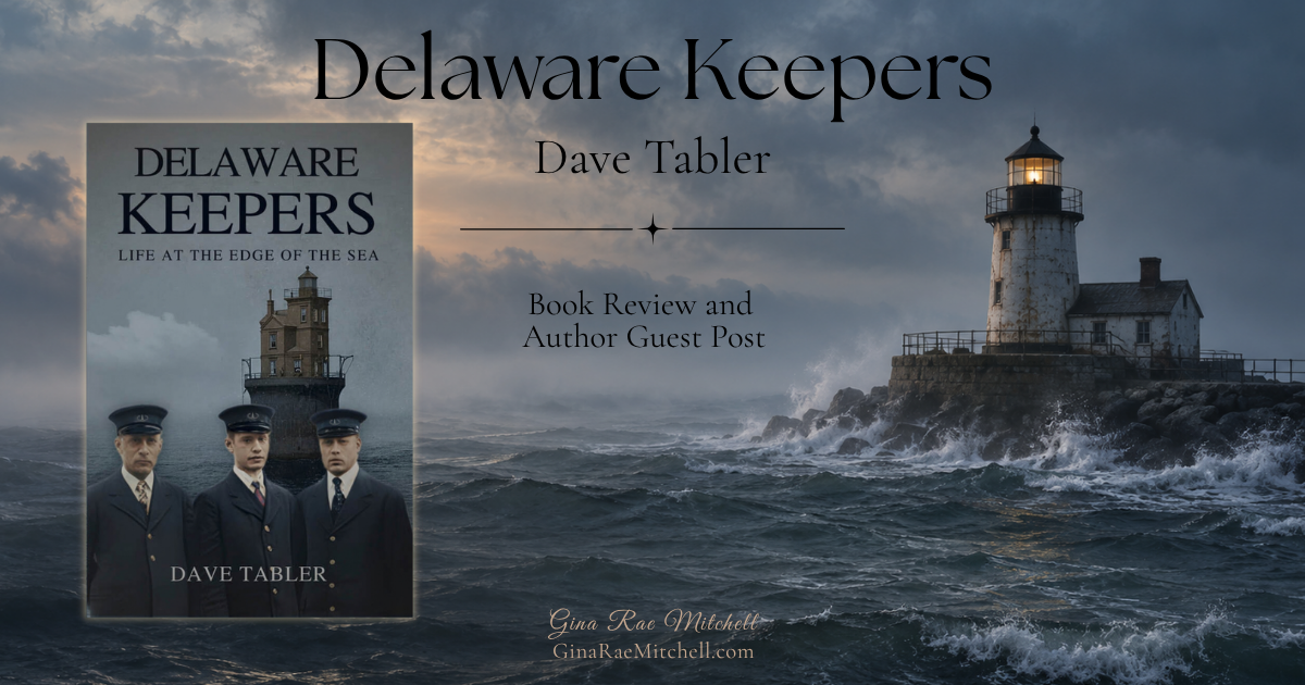 Book cover for Delaware Keepers beside a lighthouse on a stormy sea for a Delaware lighthouse history book review