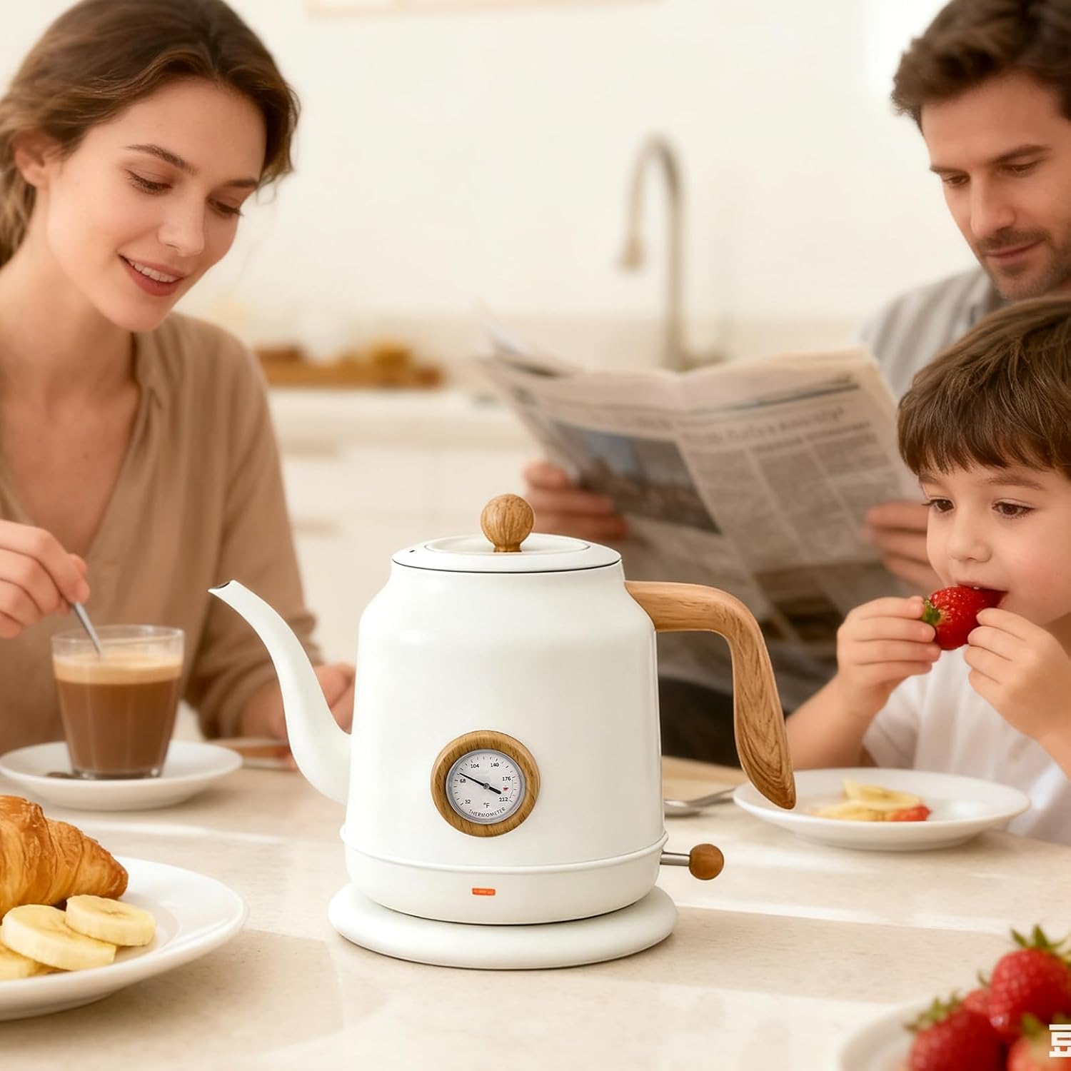 White vintage-style gooseneck electric kettle with wood-look accents