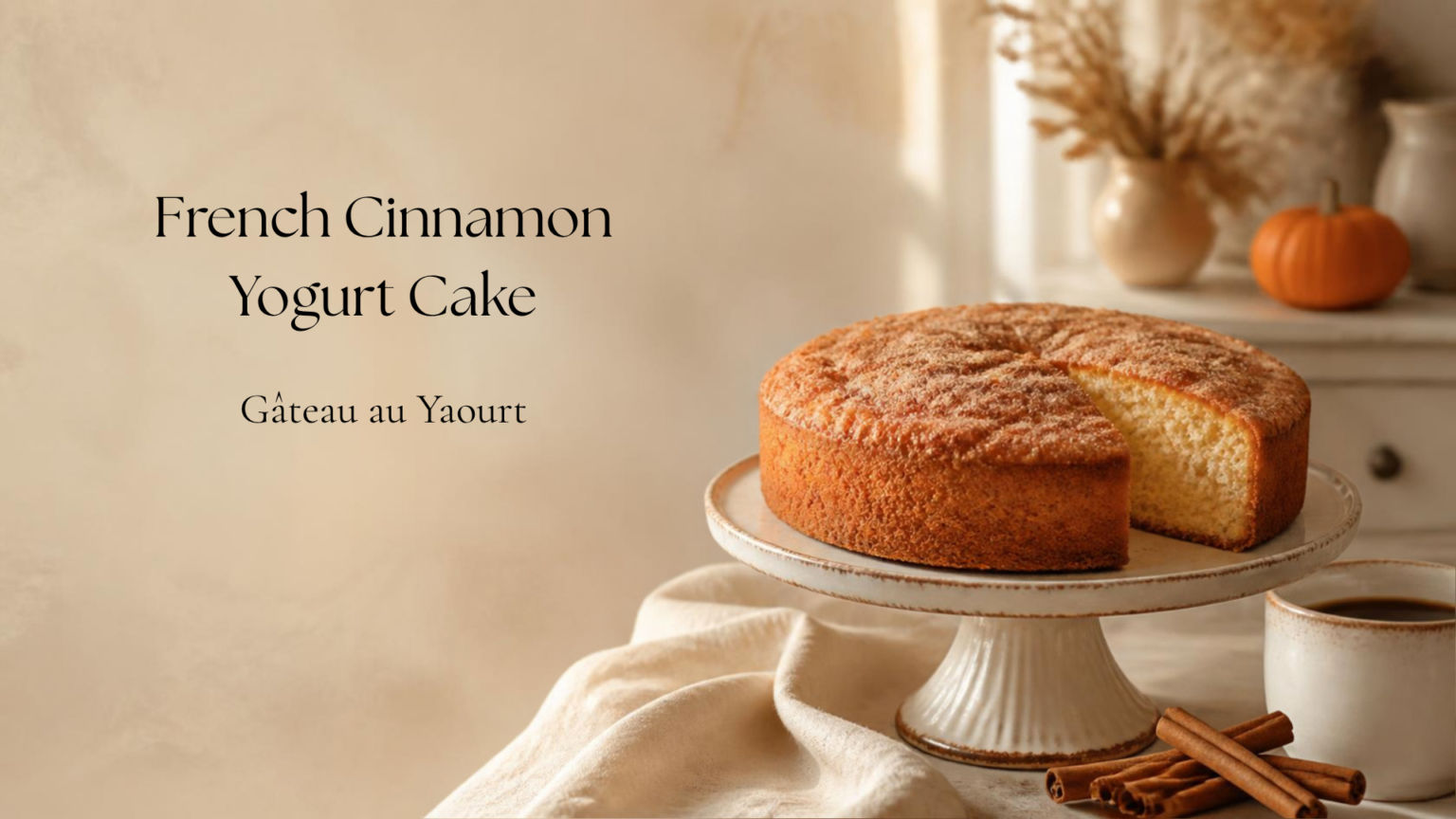 French cinnamon yogurt cake on a cake stand with coffee and cinnamon sticks