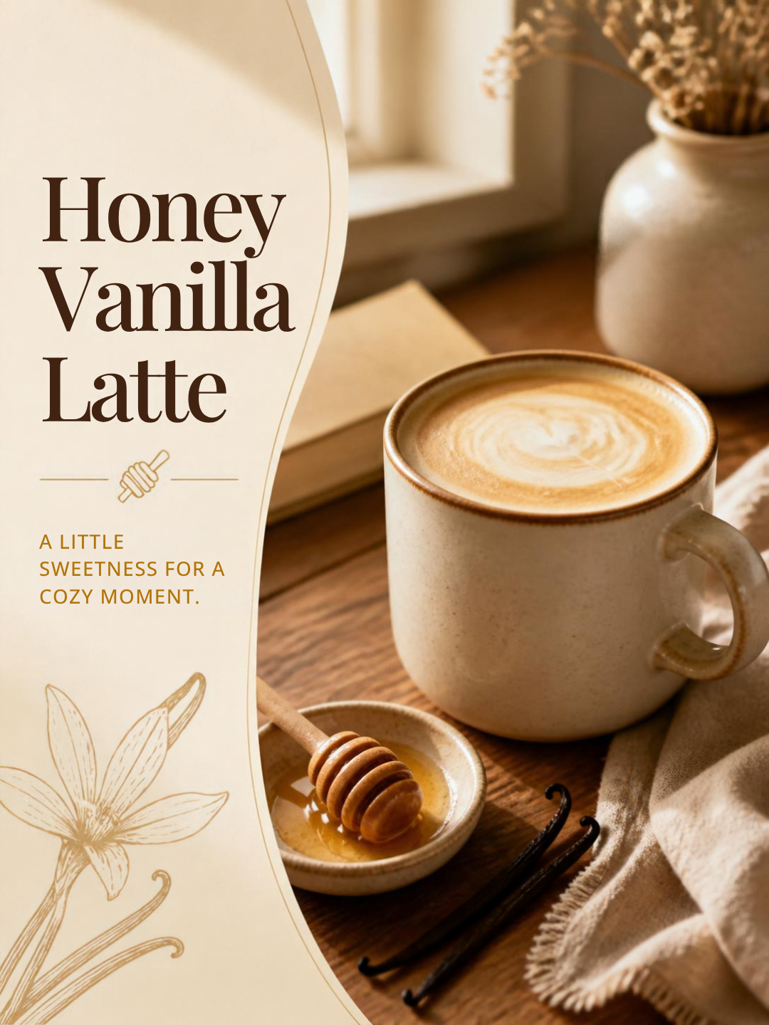 Honey Vanilla Latte with frothy coffee, honey dipper, and vanilla beans in a warm, cozy setting.