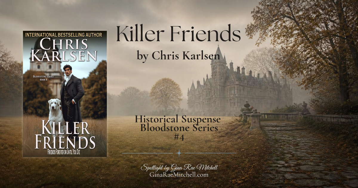 Killer Friends book spotlight banner with Victorian manor and book cover