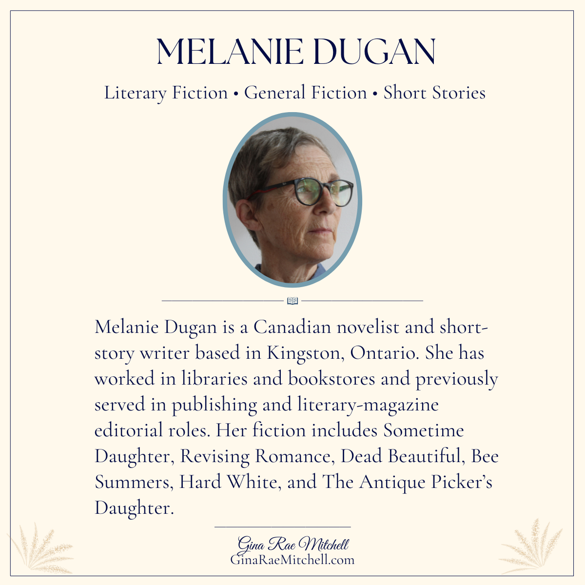 Square author card featuring Melanie Dugan with her portrait, genres, and biography