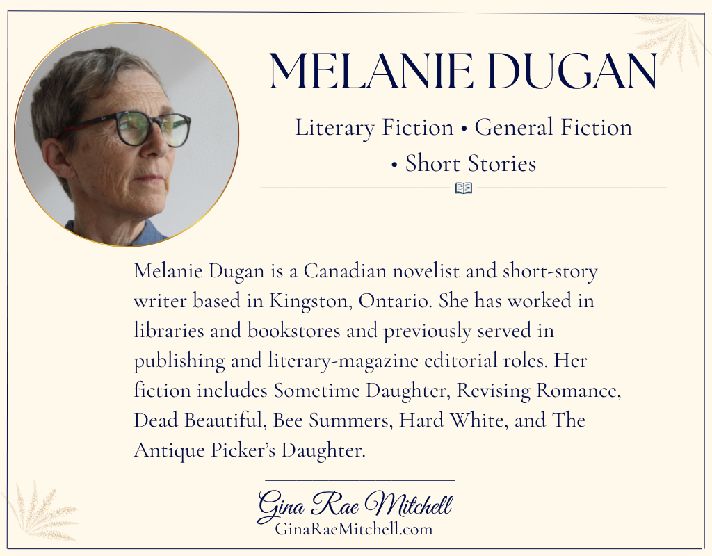 Melanie Dugan author card with her portrait, genres, and biographical information